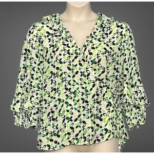 Retro Mod Womens Top XL Black Green Whimsical Floral Wrap Ruffle Balloon Y2K